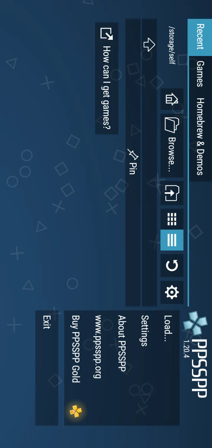 PPSSPP emulator home screen on Android